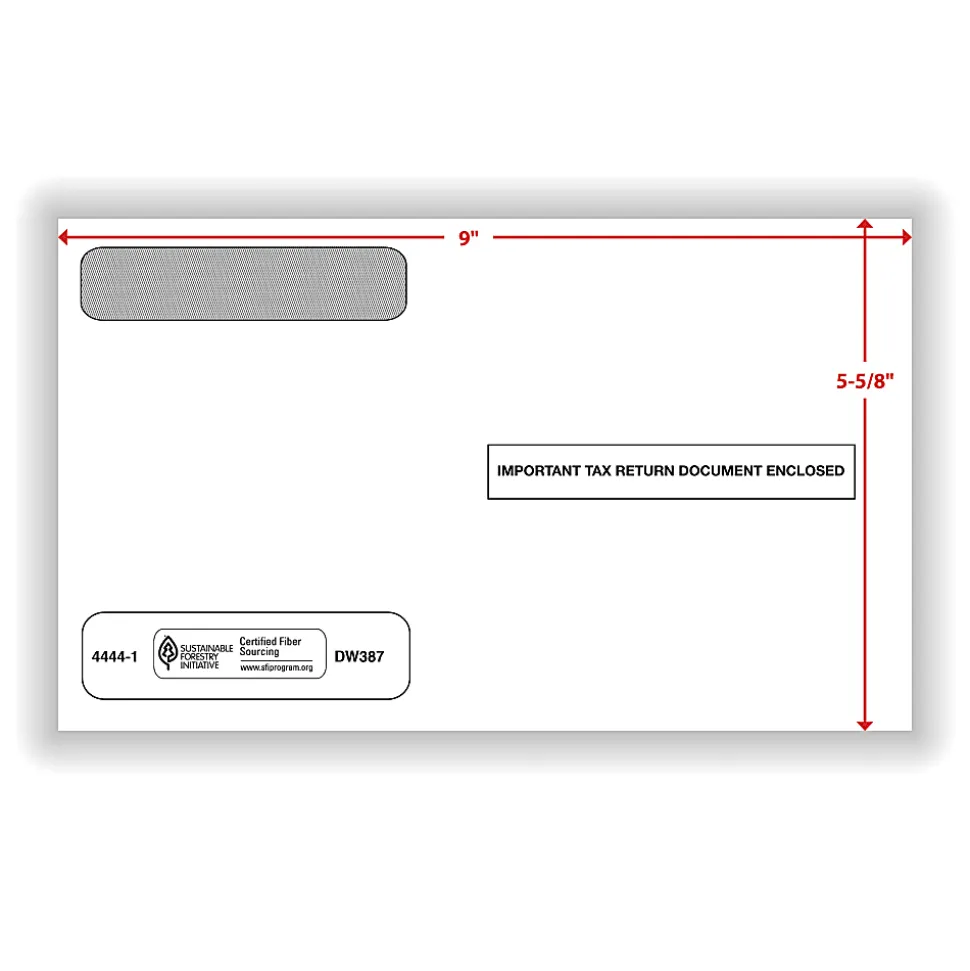 ComplyRight® Double-Window Envelopes For W-2 (5206 And 5208) Tax Forms, 5-5/8" x 9", Moisture-Seal, White, Pack Of 100 Envelopes