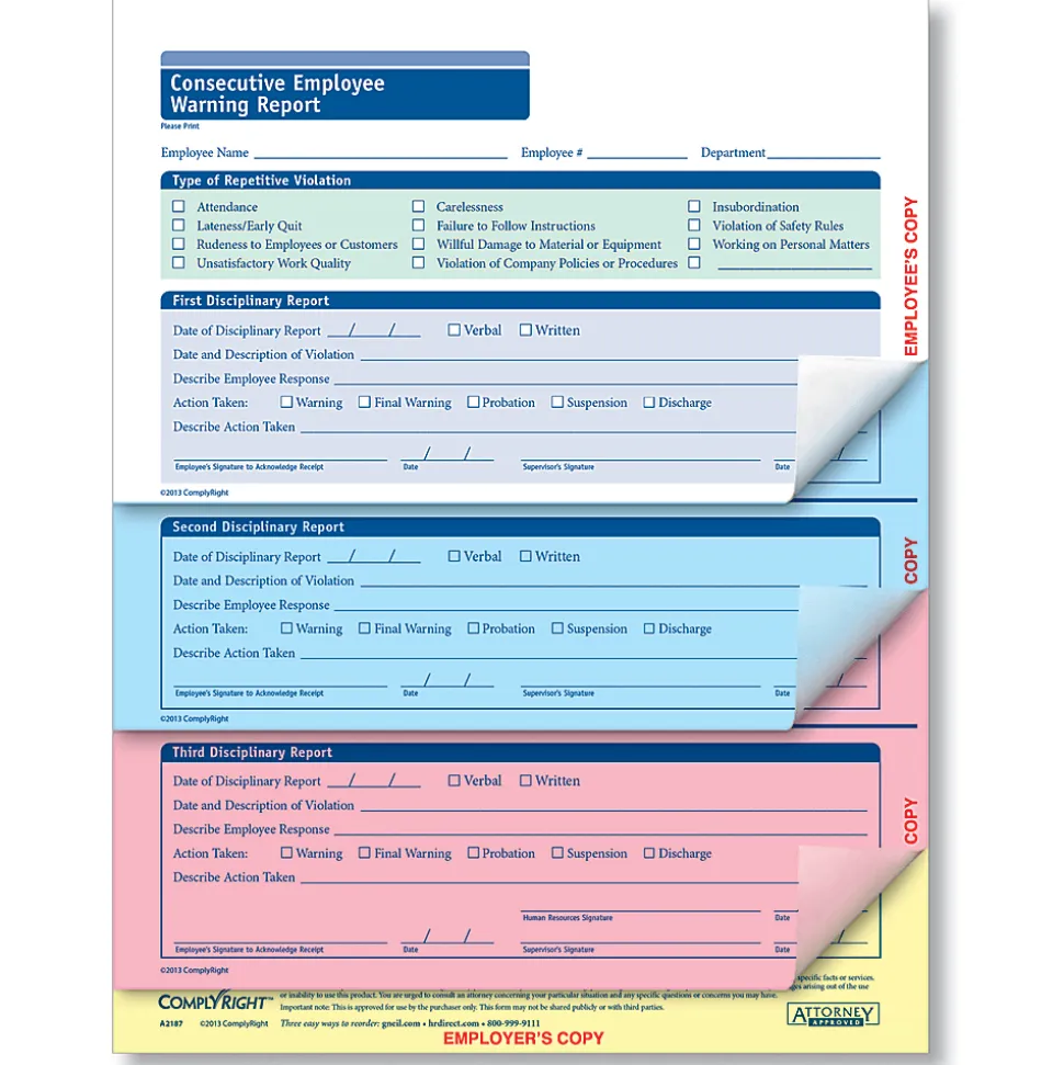ComplyRight Employee Warning Reports, Consecutive, 4-Part, 8 1/2" x 11", Pack Of 50