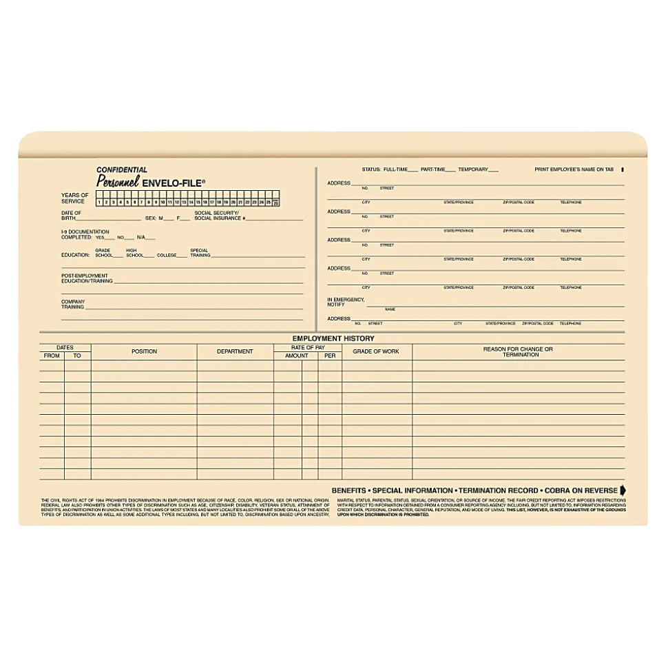 ComplyRight Envelo-File Confidential Personnel Folders, 9 1/2" x 15", Manila, Pack Of 25