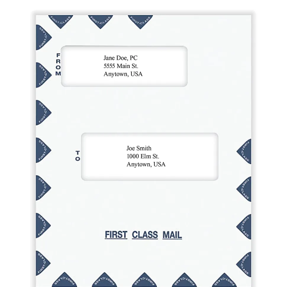 ComplyRight® First Class Double Window Tax Mailer Envelope, Offset Windows, White/Blue, Self-Seal, 9-1/2" x 12", Pack of 50