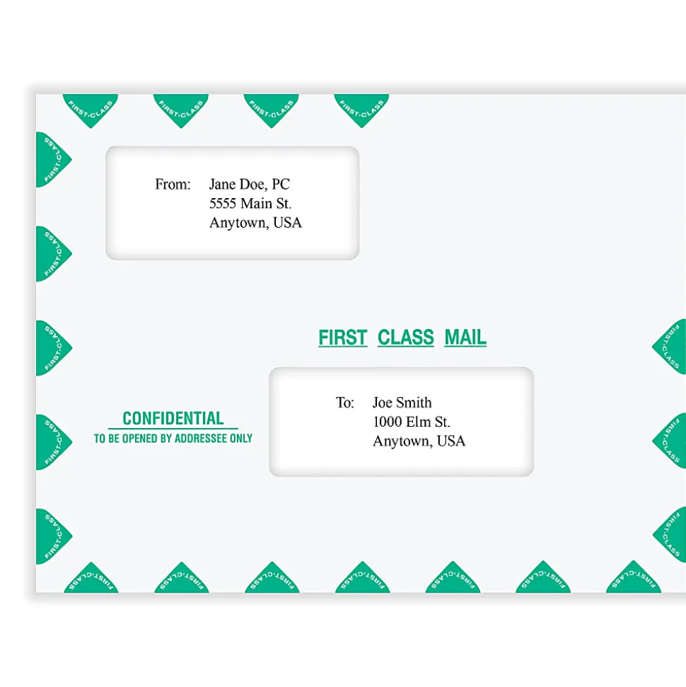 ComplyRight® First Class Double Window Tax Mailer Envelope, Offset Windows, White/Green, Self-Seal, 10" x 13", Pack of 50 - PEB02