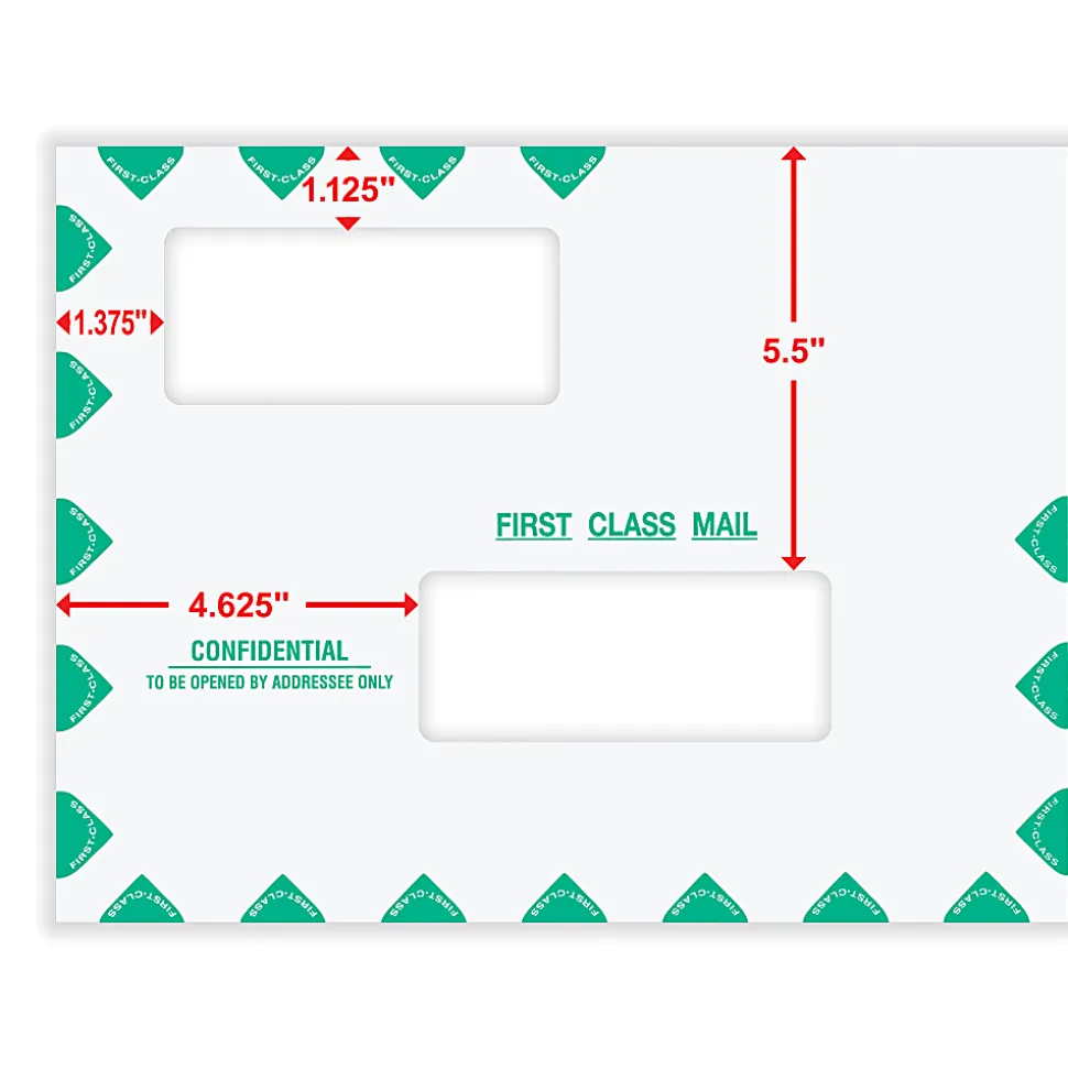 ComplyRight® First Class Double Window Tax Mailer Envelope, Offset Windows, White/Green, Self-Seal, 10" x 13", Pack of 50 - PEB02