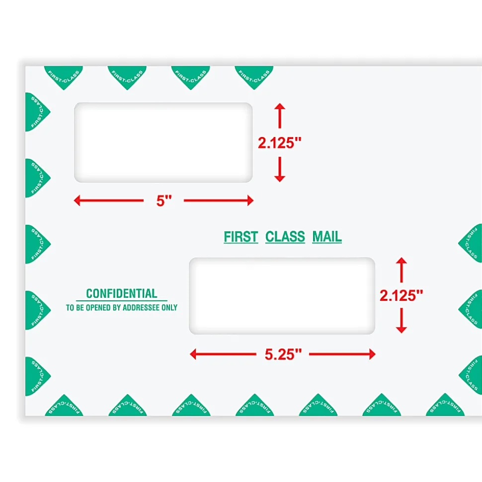 ComplyRight® First Class Double Window Tax Mailer Envelope, Offset Windows, White/Green, Self-Seal, 10" x 13", Pack of 50 - PEB02