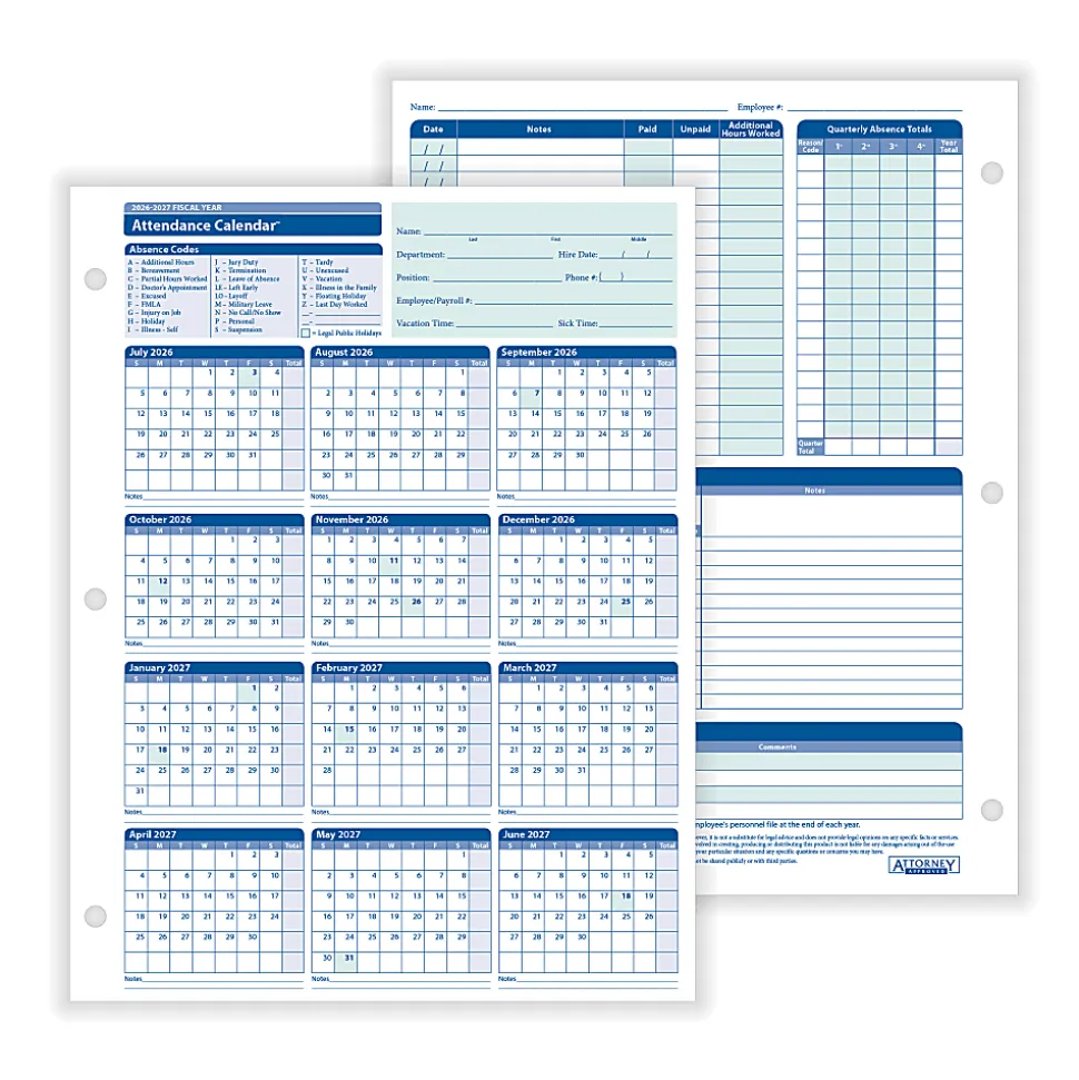 ComplyRight® 2026-2027 Fiscal Attendance Calendar, 8-1/2" x 11", Pack Of 50