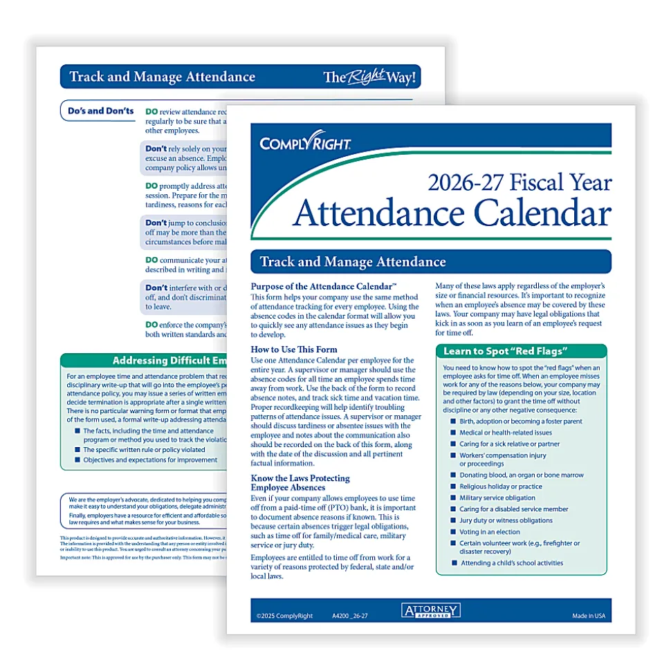 ComplyRight® 2026-2027 Fiscal Attendance Calendar, 8-1/2" x 11", Pack Of 50