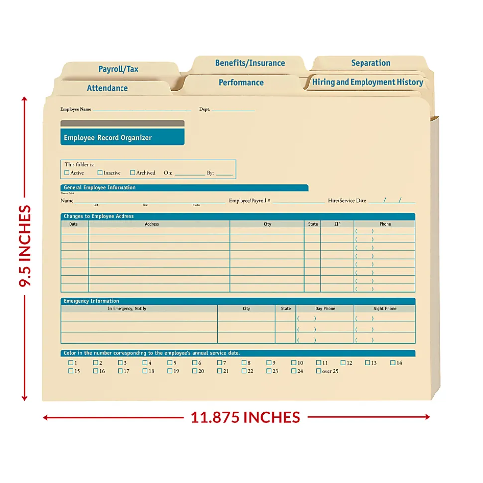ComplyRight Folder Set for Employee Management for Attendance, Performance, Payroll, Benefits and History, 11 7/8" x 9 1/2", Pack of 25