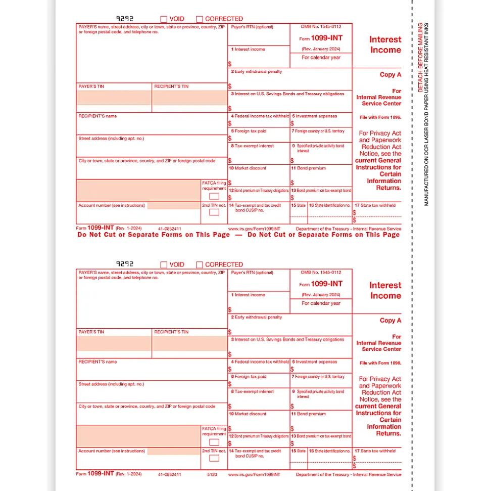 ComplyRight® 1099-INT Tax Forms, 2-Up, Federal Copy A, 8-1/2" x 11", Pack Of 100 Forms