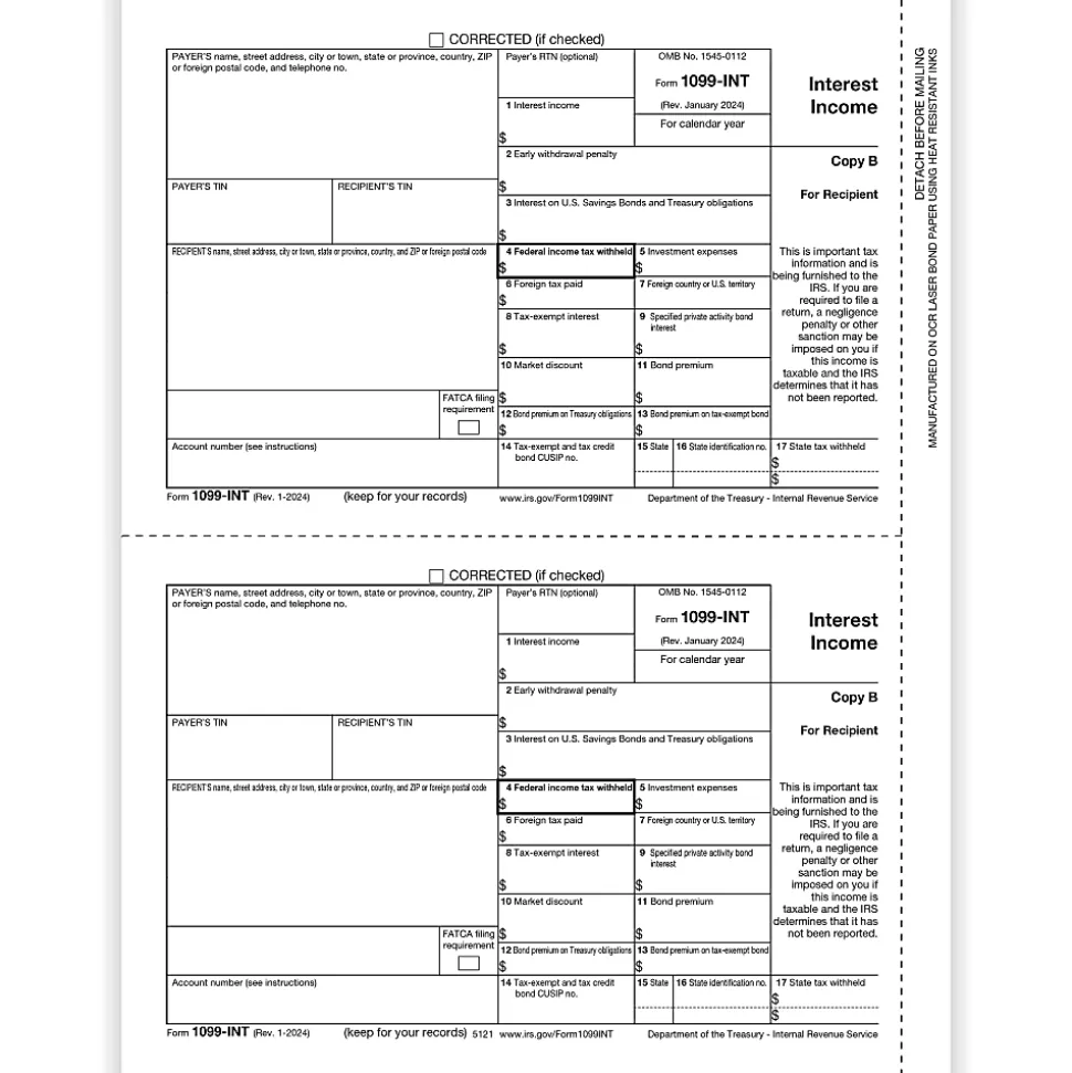 ComplyRight® 1099-INT Tax Forms, 2-Up, Recipient Copy B, 8-1/2" x 11", Pack Of 100 Forms