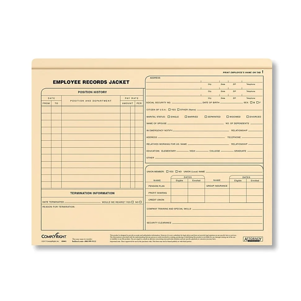 ComplyRight Letter-Size Standard Employee Record Jackets, 11 3/4" x 9 1/2", Pack Of 25