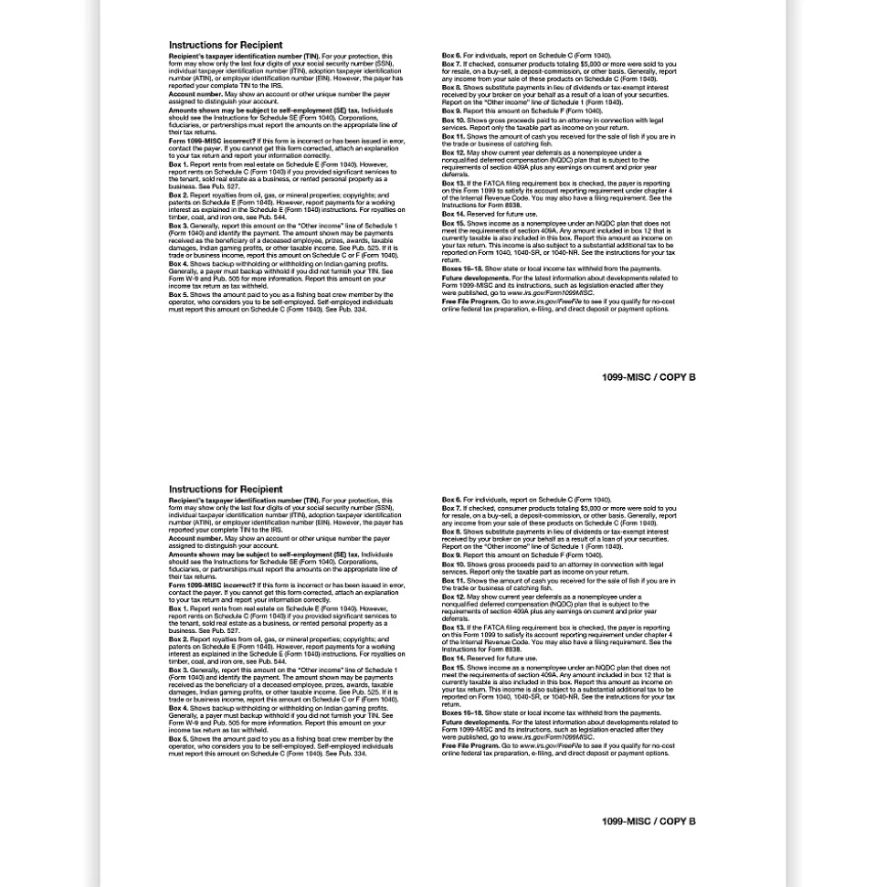 ComplyRight® 1099-MISC Blank Tax Forms, 2-Up, 8-1/2" x 11", Pack Of 100 Forms
