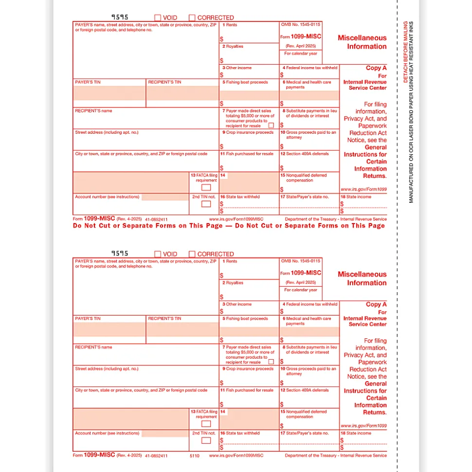 ComplyRight® 1099-MISC Tax Forms, Federal Copy A, 2-Up, 8-1/2" x 11", Pack Of 100 Forms