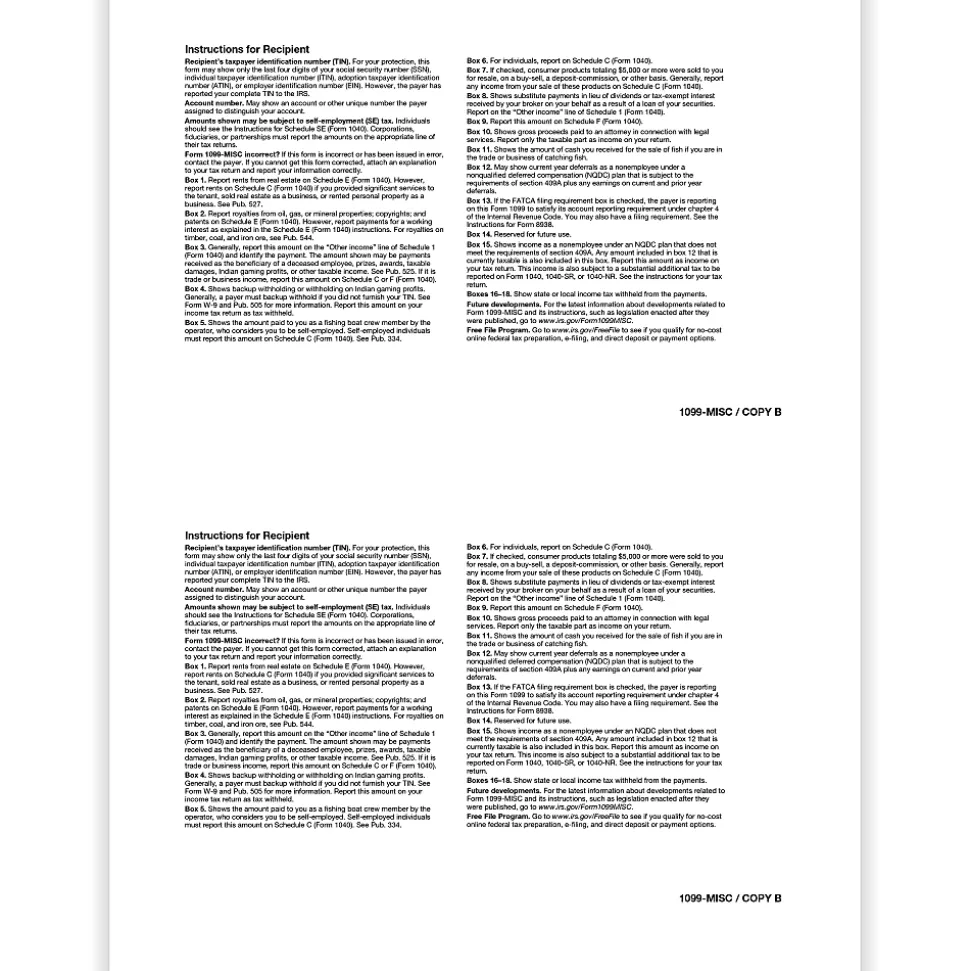 ComplyRight® 1099-MISC Tax Forms, Recipient Copy B, 2-Up, 8-1/2" x 11", Pack Of 100 Forms