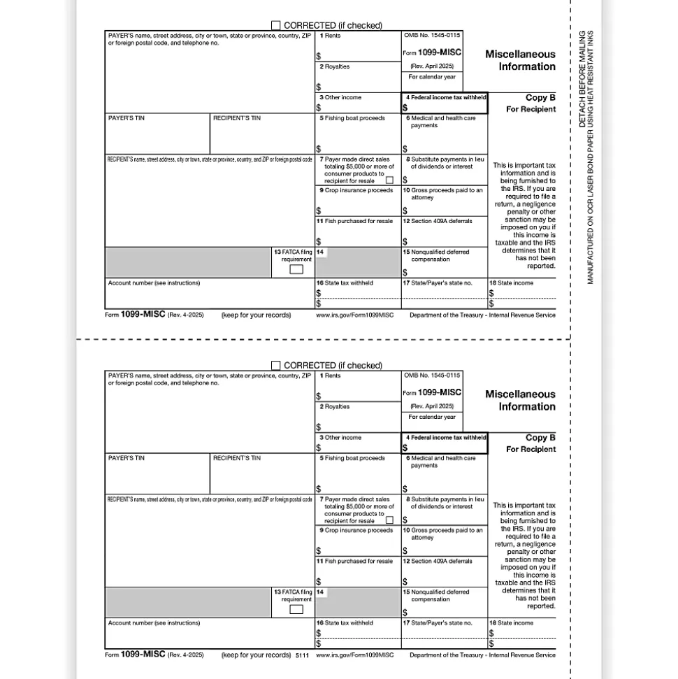 ComplyRight® 1099-MISC Tax Forms, Recipient Copy B, 2-Up, 8-1/2" x 11", Pack Of 100 Forms