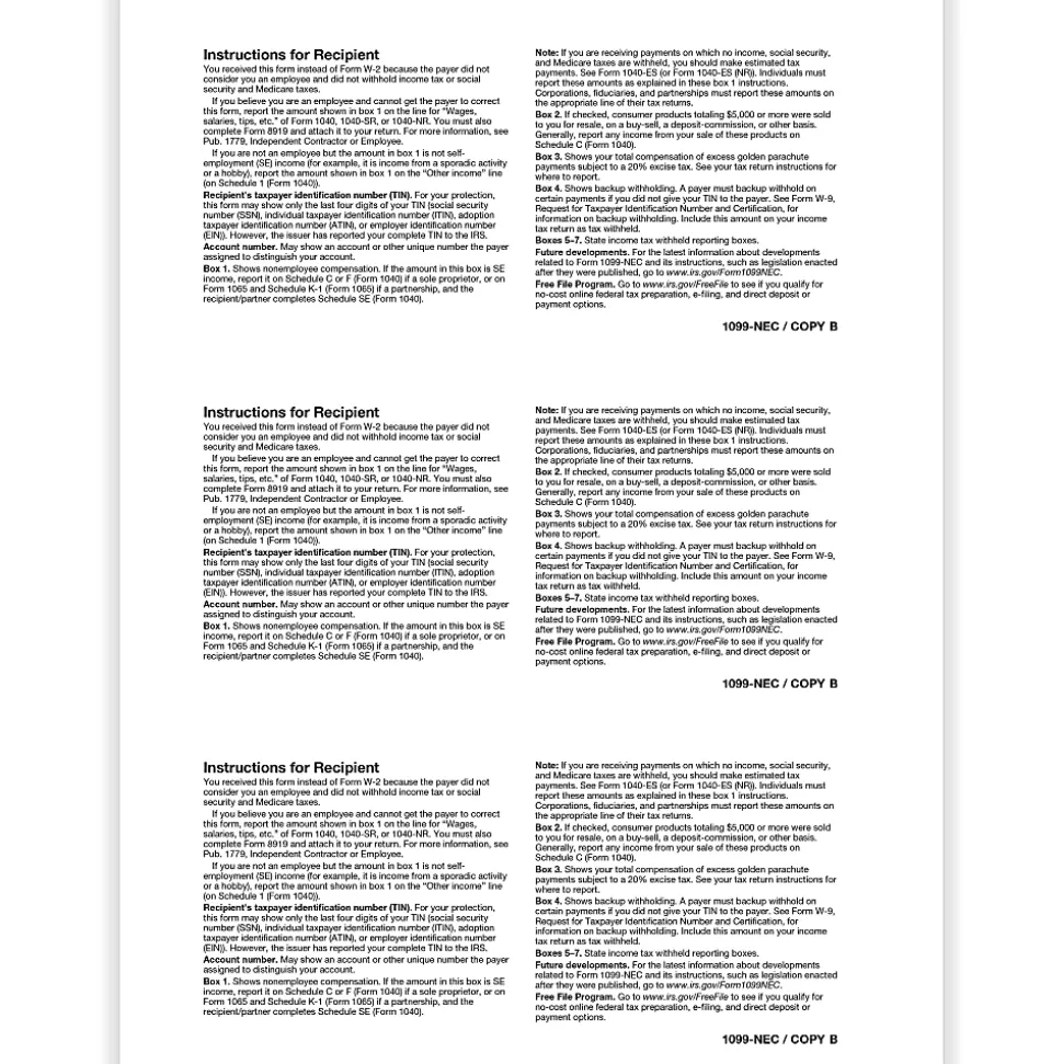 ComplyRight® 1099-NEC Blank Tax Form with Copy B Backer and Stub, 8-1/2" x 11", Pack of 150 Forms