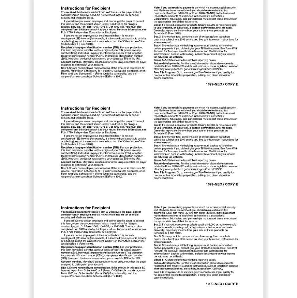 ComplyRight® 1099-NEC Blank Tax Forms, 3-Up, 8-1/2" x 11", Pack Of 150 Forms, NEC51085025