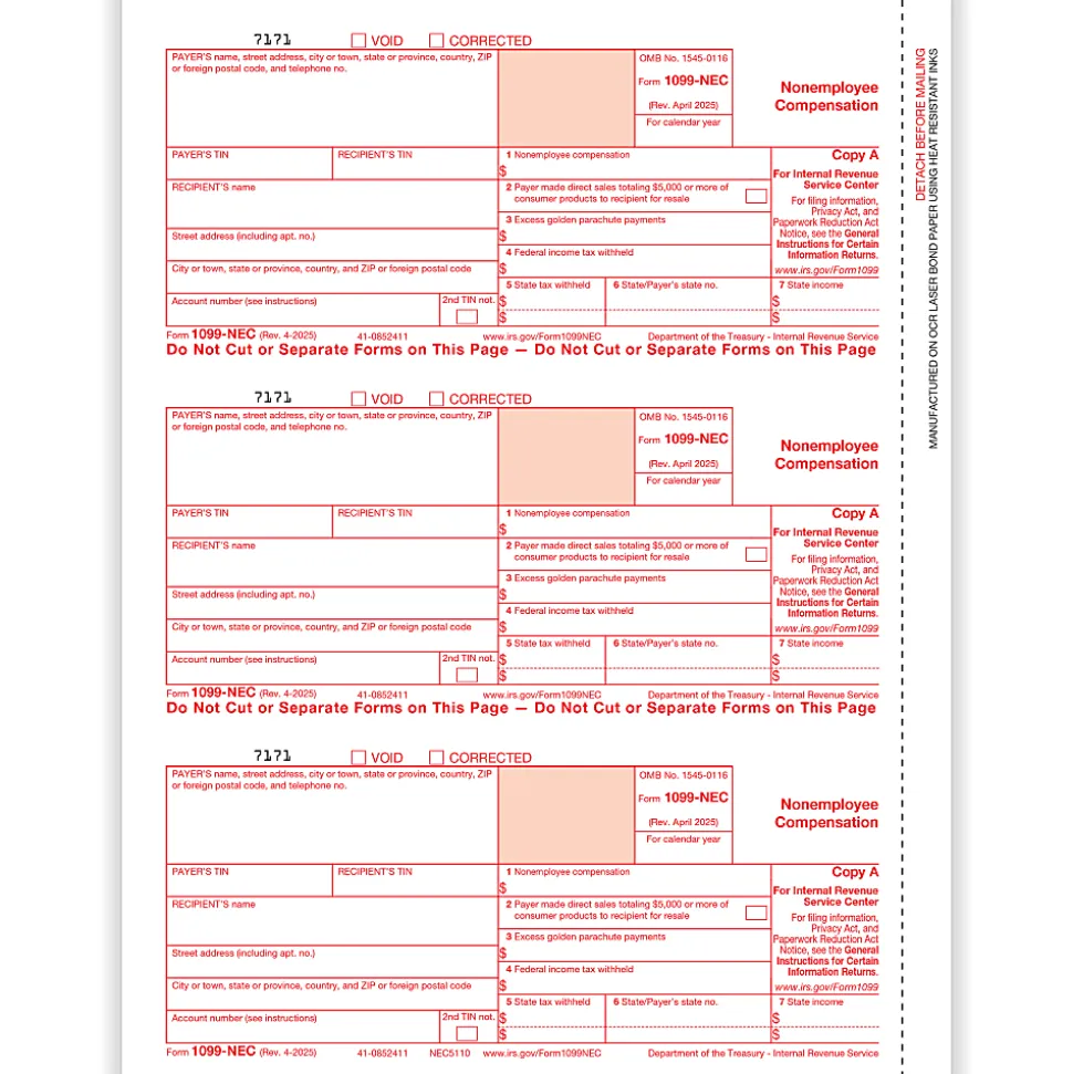 ComplyRight® 1099-NEC Tax Forms, Federal Copy A, 3-Up, 8-1/2" x 11", Pack Of 150 Forms
