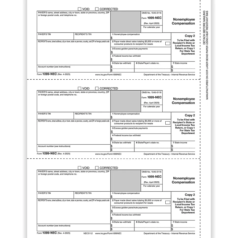 ComplyRight® 1099-NEC Tax Forms, Payer Copy 2/1, 3-Up, 8-1/2" x 11", Pack Of 150 Forms
