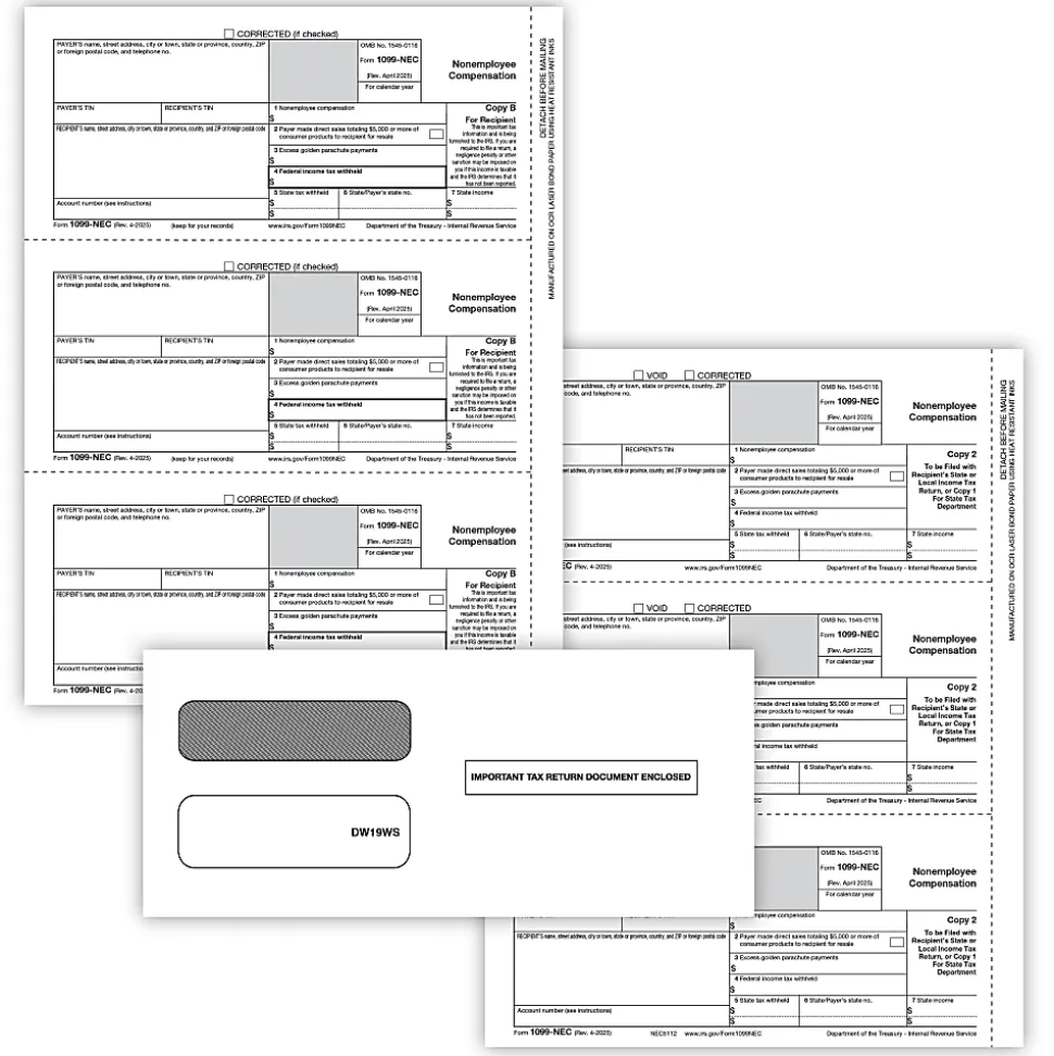 ComplyRight® 1099-NEC Tax Forms Set, 3-Part, 3-Up, Copies B/C/2 (Recipient Copy Only), with Envelopes, 8-1/2" x 11", Pack Of 25