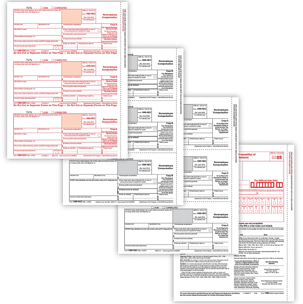 ComplyRight® 1099-NEC Tax Forms Set, 4-Part, 3-Up, Copies A/B/C, 8-1/2" x 11", Pack Of 50