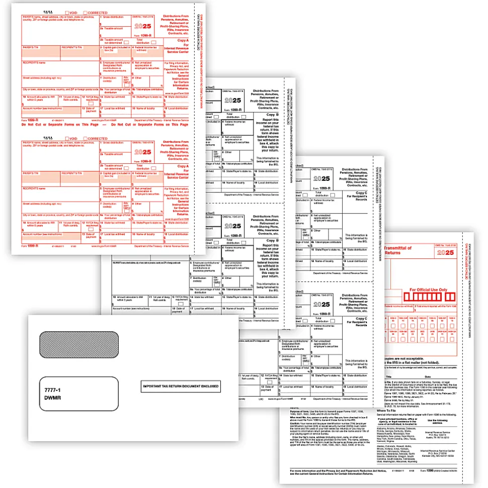 ComplyRight® 1099-R Tax Forms Set, 4-Part, 2-Up, Copies A/B/C/D, 8-1/2" x 11", Pack Of 100 Forms And Envelopes