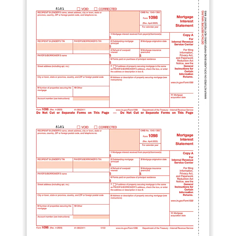 ComplyRight® 1098 Tax Forms, 2-Up, Federal Copy A, Laser, 8-1/2" x 11", Pack Of 100 Forms