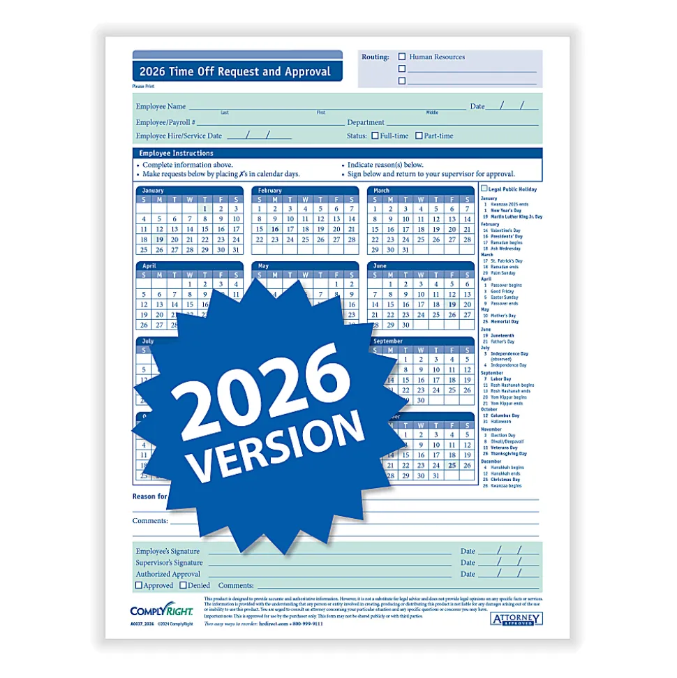 ComplyRight® 2026 Time Off Request And Approval Calendars, 8 1/2" x 11", Pack Of 50