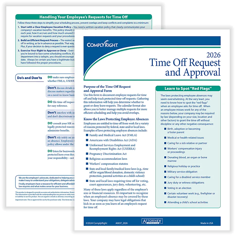 ComplyRight® 2026 Time Off Request And Approval Calendars, 8 1/2" x 11", Pack Of 50