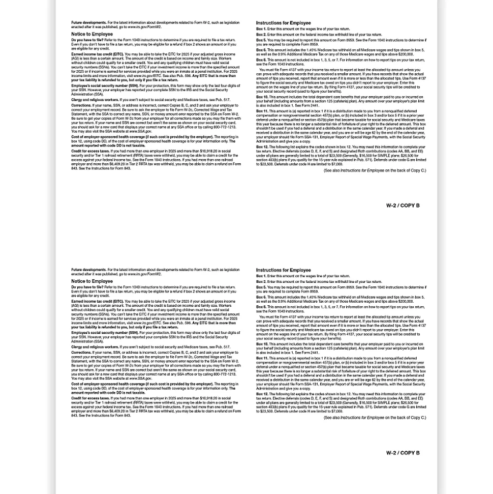 ComplyRight® W-2 Tax Forms, Employee’s IRS Federal Copy B, 2-Up, 8-1/2" x 11", Pack Of 100 Forms