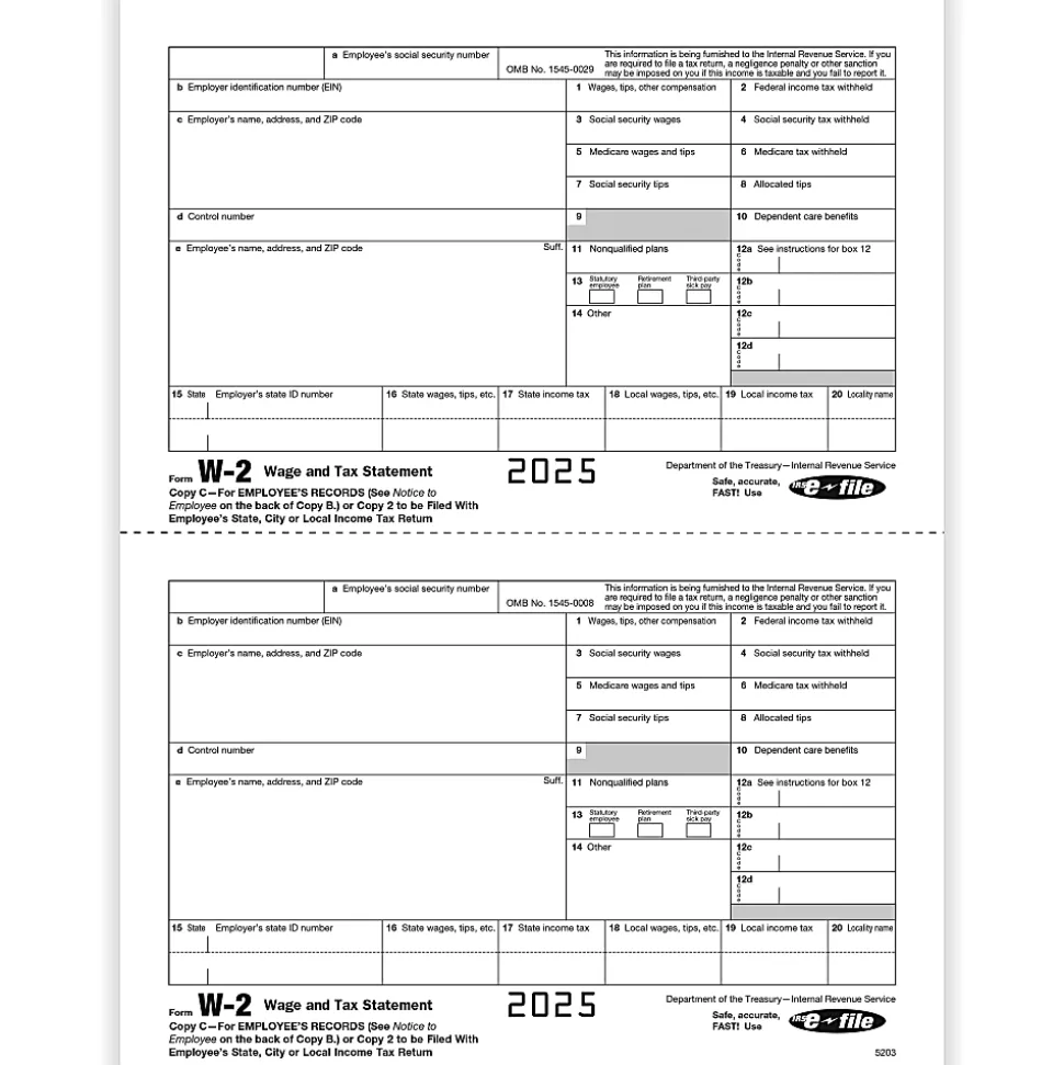 ComplyRight® W-2 Tax Forms, Employee’s Copy C and/or State, City Or Local Copy 2, 2-Up, 8-1/2" x 11", Pack Of 100 Forms