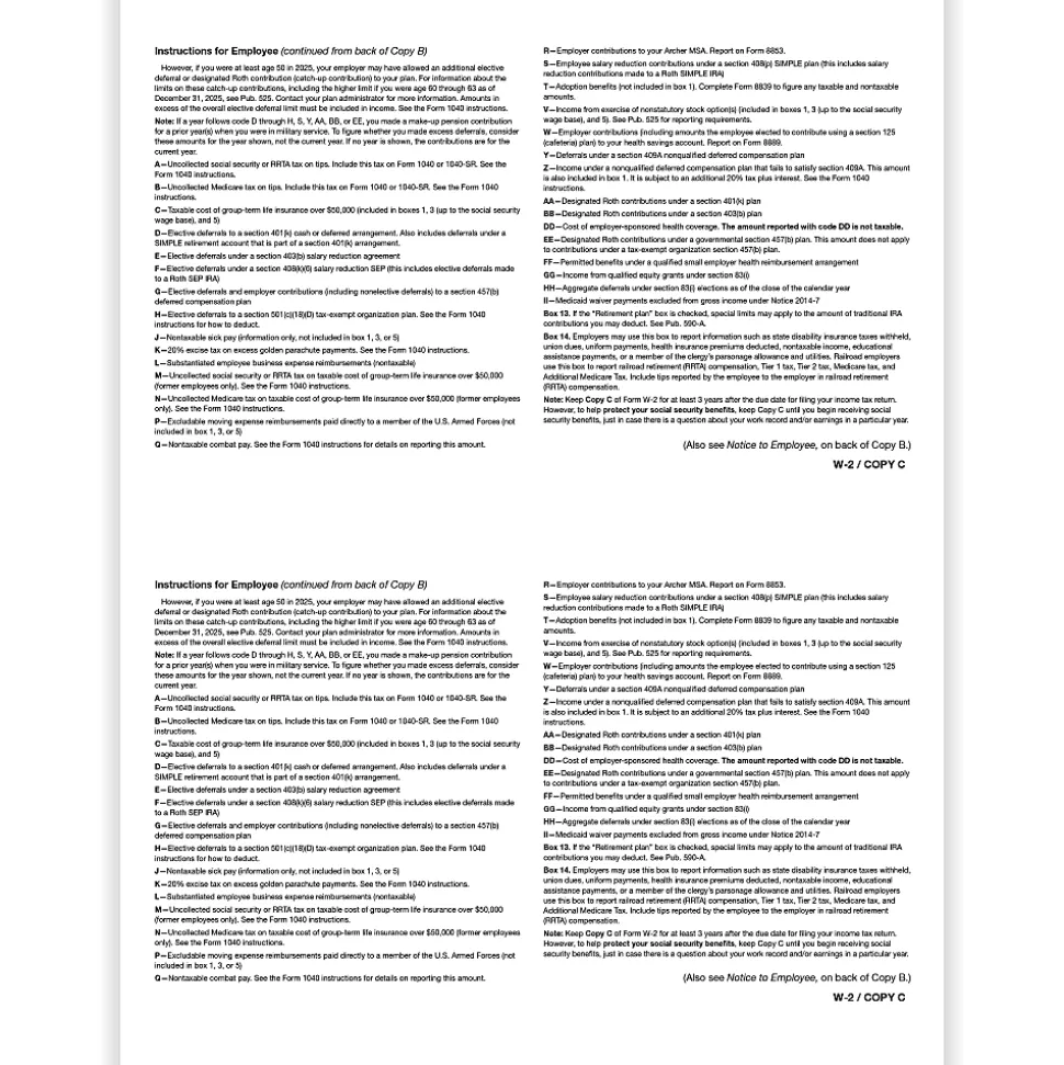ComplyRight® W-2 Tax Forms, Employee’s Copy C and/or State, City Or Local Copy 2, 2-Up, 8-1/2" x 11", Pack Of 100 Forms