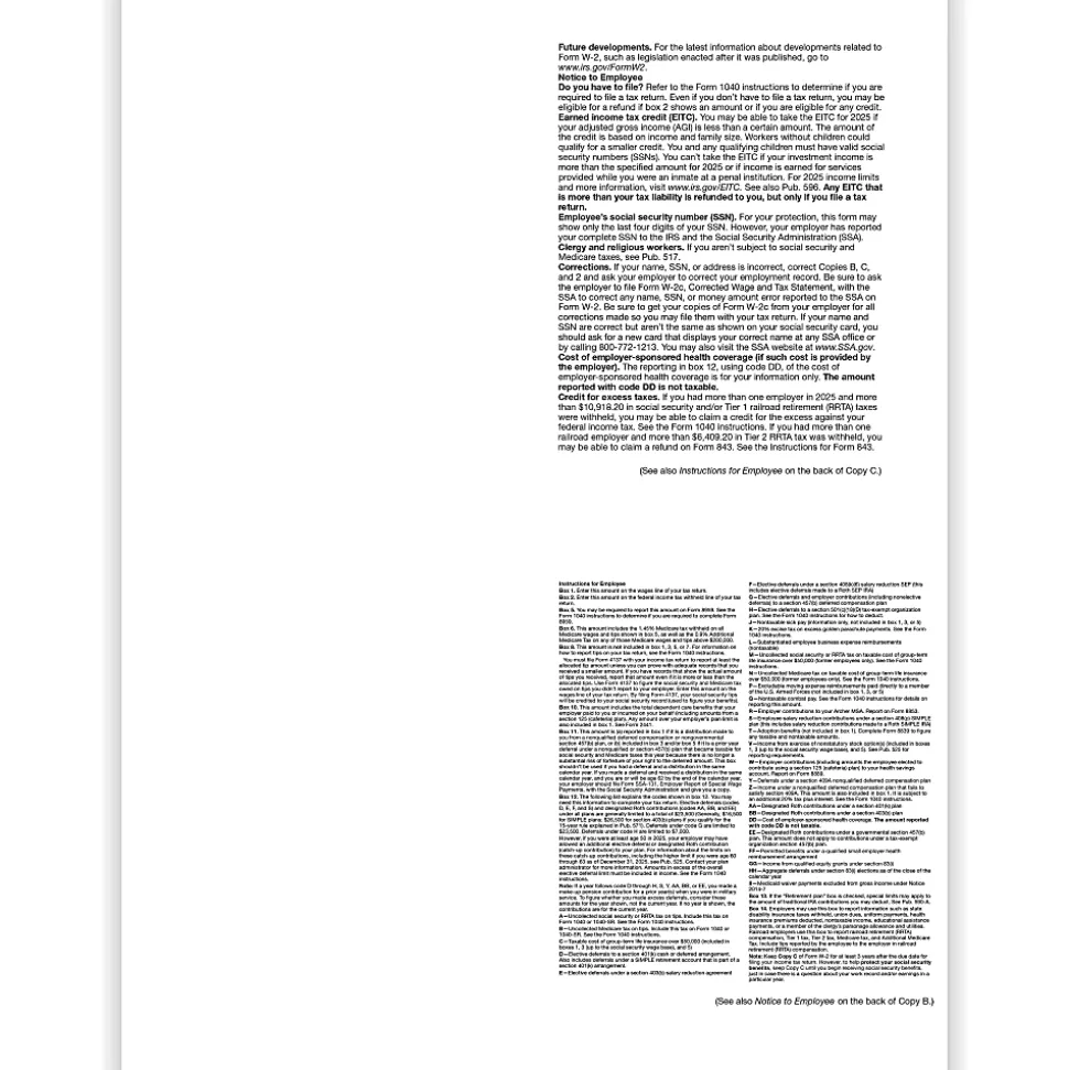 ComplyRight® W-2 Tax Forms, Employee’s Copies B, C, 2 & 2 Combined, 4-Up (Box Format), 8-1/2" x 11", Pack Of 50 Forms