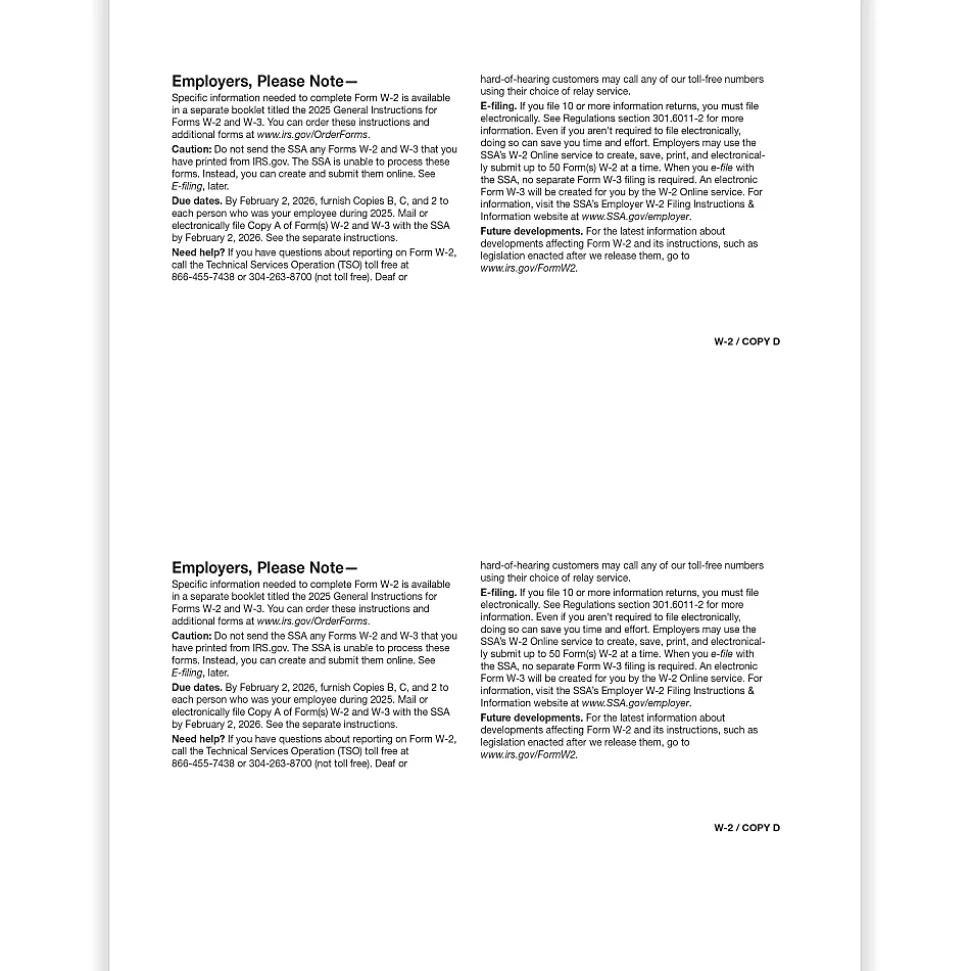 ComplyRight® W-2 Tax Forms, Employer’s Copy D and/or State, City Or Local Copy 2, 2-Up, 8-1/2" x 11", Pack Of 1,000 Forms