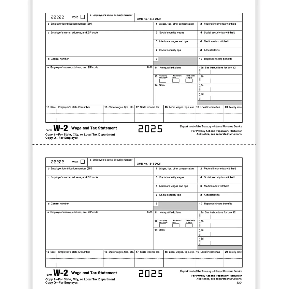ComplyRight® W-2 Tax Forms, Employer’s Copy D and/or State, City Or Local Copy 2, 2-Up, 8-1/2" x 11", Pack Of 1,000 Forms