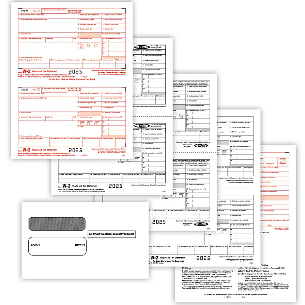 ComplyRight® W-2 Tax Forms Set, 4-Part, 2-Up, Copies A, B, C, D, 8-1/2" x 11", Pack Of 100 Forms And Envelopes