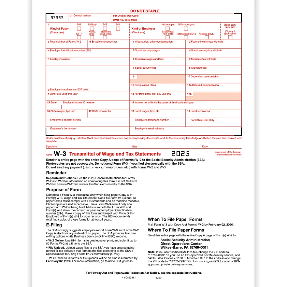 ComplyRight® W-3 Transmittal Tax Forms, 1-Part, 8-1/2" x 11", Pack Of 25 Forms
