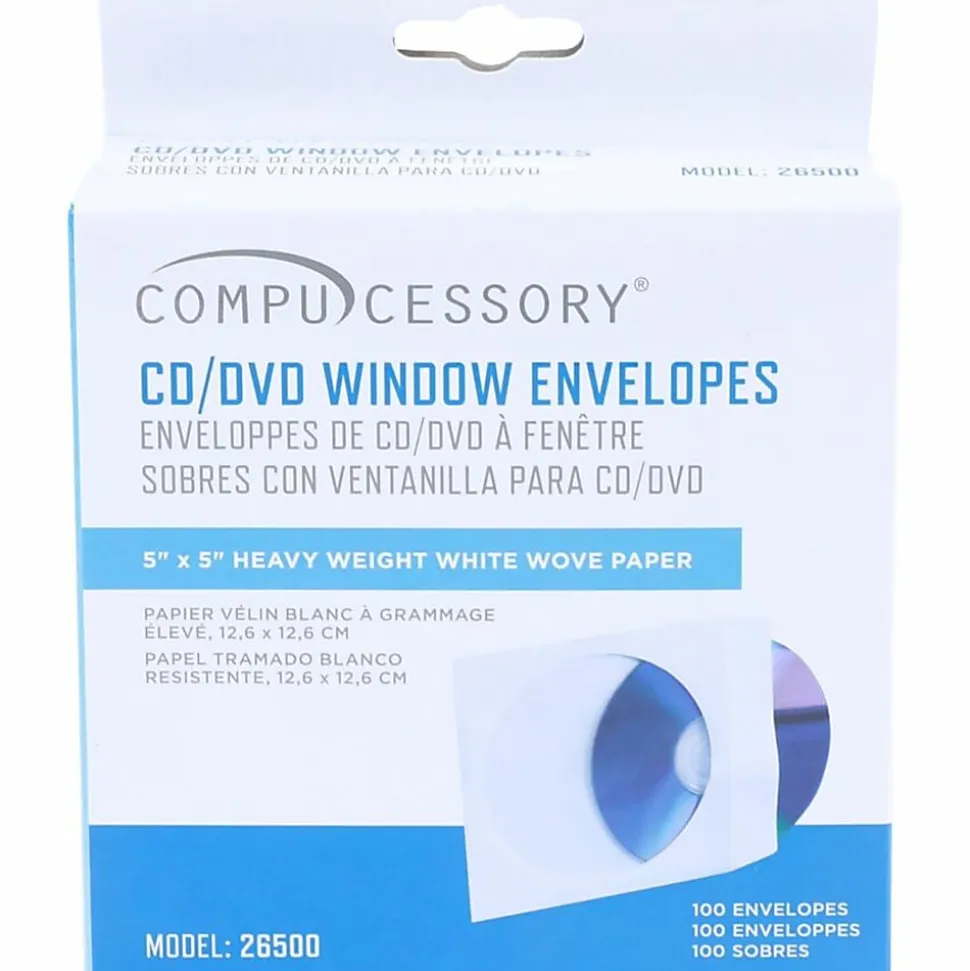 Compucessory CD/DVD White Window Envelopes - CD/DVD - 5" Width x 5" Length - 100 / Box - White