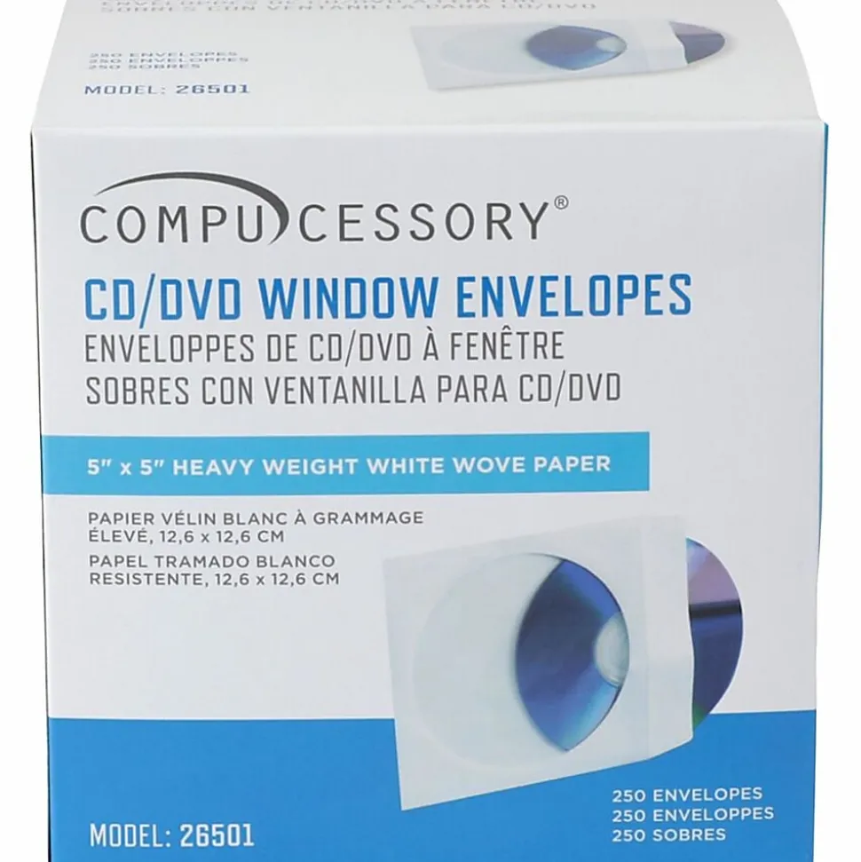 Compucessory CD/DVD White Window Envelopes - CD/DVD - 5" Width x 5" Length - White - 250 / Box
