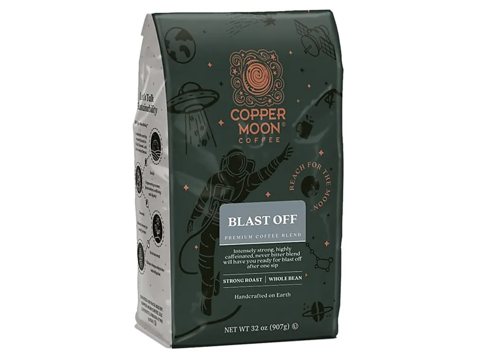 Copper Moon Whole Bean Coffee, Strong Roast, Blast Off High Caffeine Blend, 2 Lb