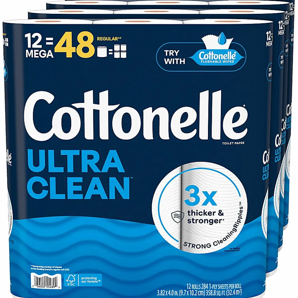 Cottonelle Ultra Clean Toilet Paper - 1 Ply - 248 Sheets/Roll - White - Paper, FiberPack - 12/Pack - 4 / Carton