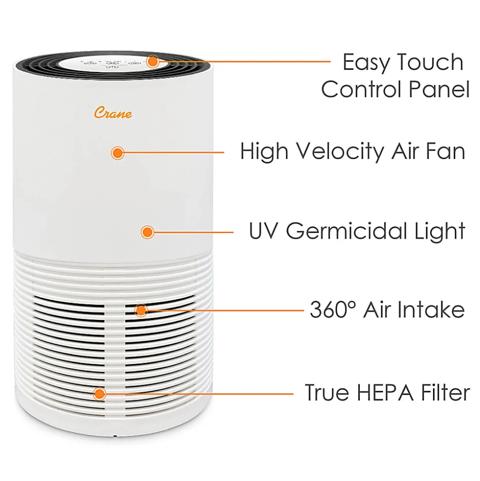 Crane True HEPA Air Purifier with Germicidal UV Light, 300 Sq Ft. Coverage, 9 1/2" x 9 1/2" x 15 1/3", White