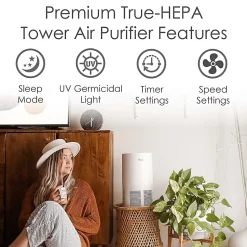 Crane True HEPA Air Purifier with Germicidal UV Light, 300 Sq Ft. Coverage, 9 1/2
