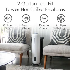 Crane Ultrasonic Cool Mist Tower Humidifier, 2 Gallon, 8-1/2