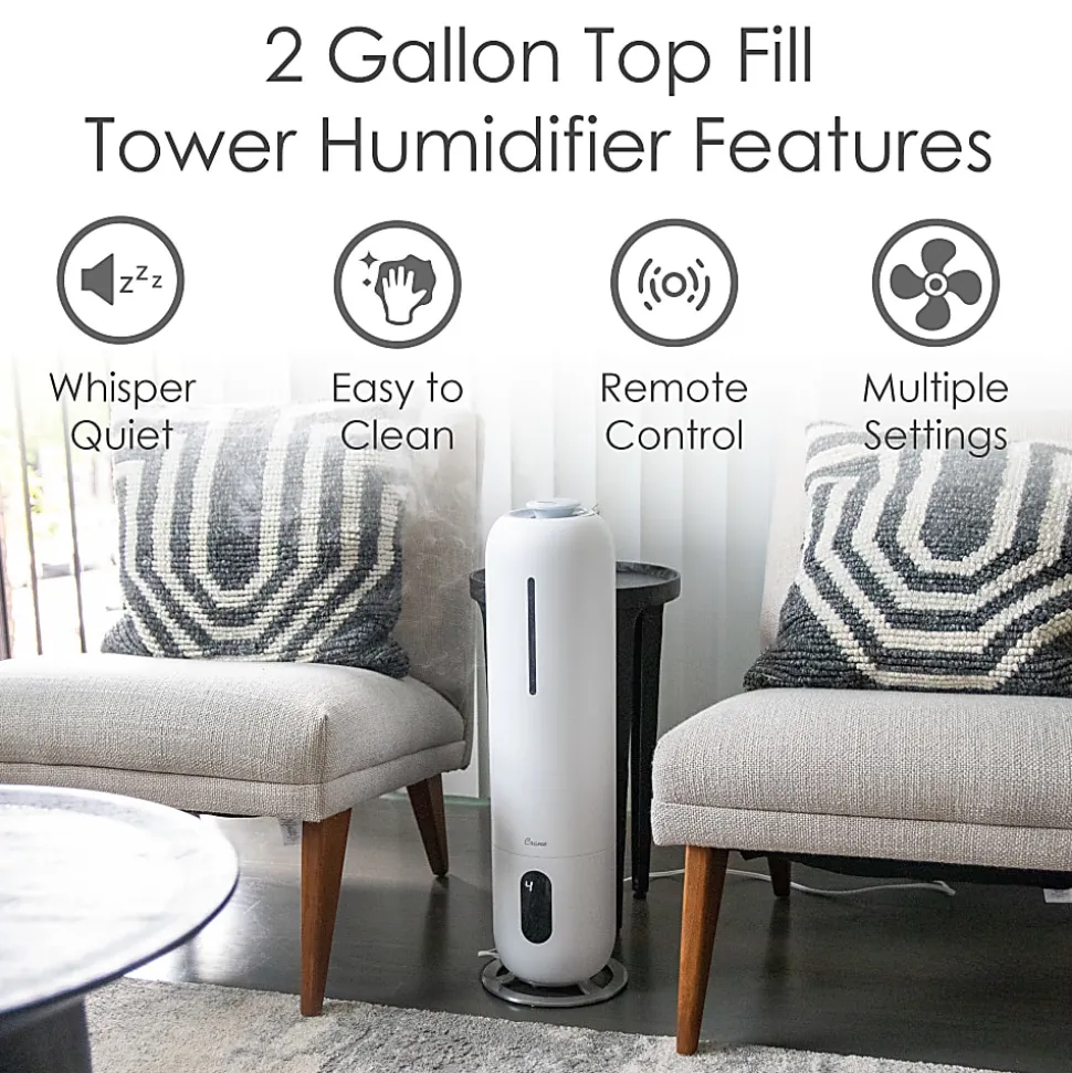 Crane Ultrasonic Cool Mist Tower Humidifier, 2 Gallon, 8-1/2" x 8-1/2" x 22", White