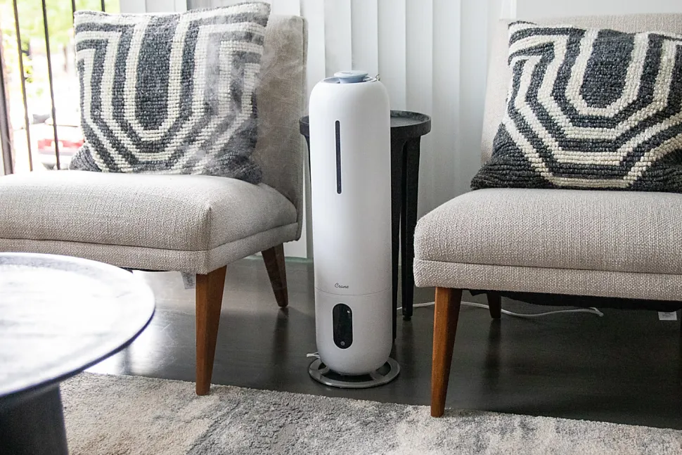 Crane Ultrasonic Cool Mist Tower Humidifier, 2 Gallon, 8-1/2" x 8-1/2" x 22", White