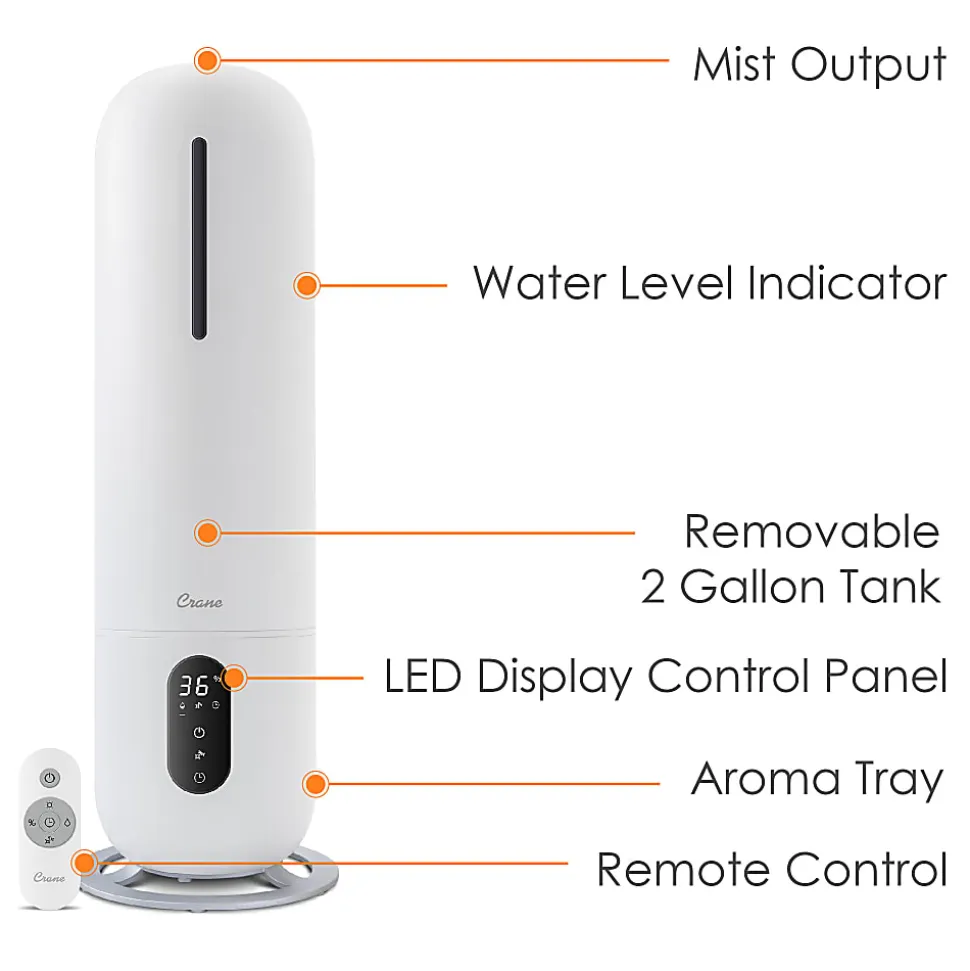 Crane Ultrasonic Cool Mist Tower Humidifier, 2 Gallon, 8-1/2" x 8-1/2" x 22", White