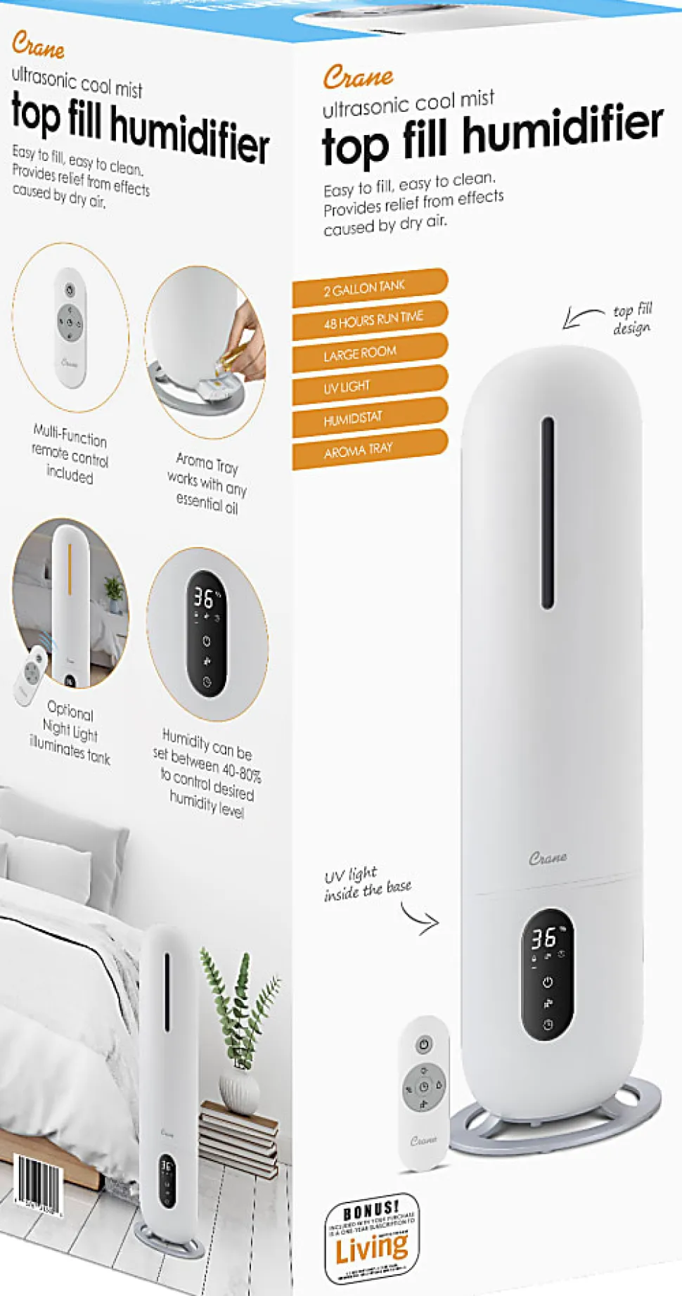 Crane Ultrasonic Cool Mist Tower Humidifier, 2 Gallon, 8-1/2" x 8-1/2" x 22", White