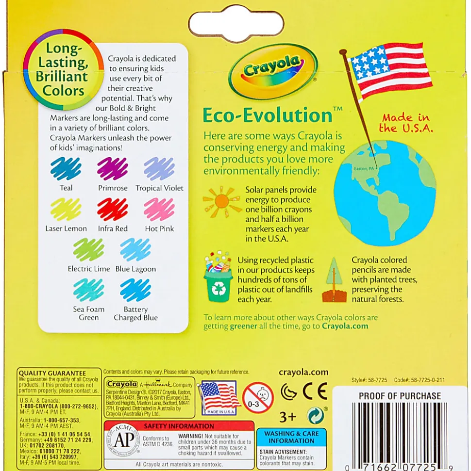 Crayola® Bold And Bright Broad Line Markers, Conical Point, White Barrel, Assorted Ink Colors, Box Of 10 Markers