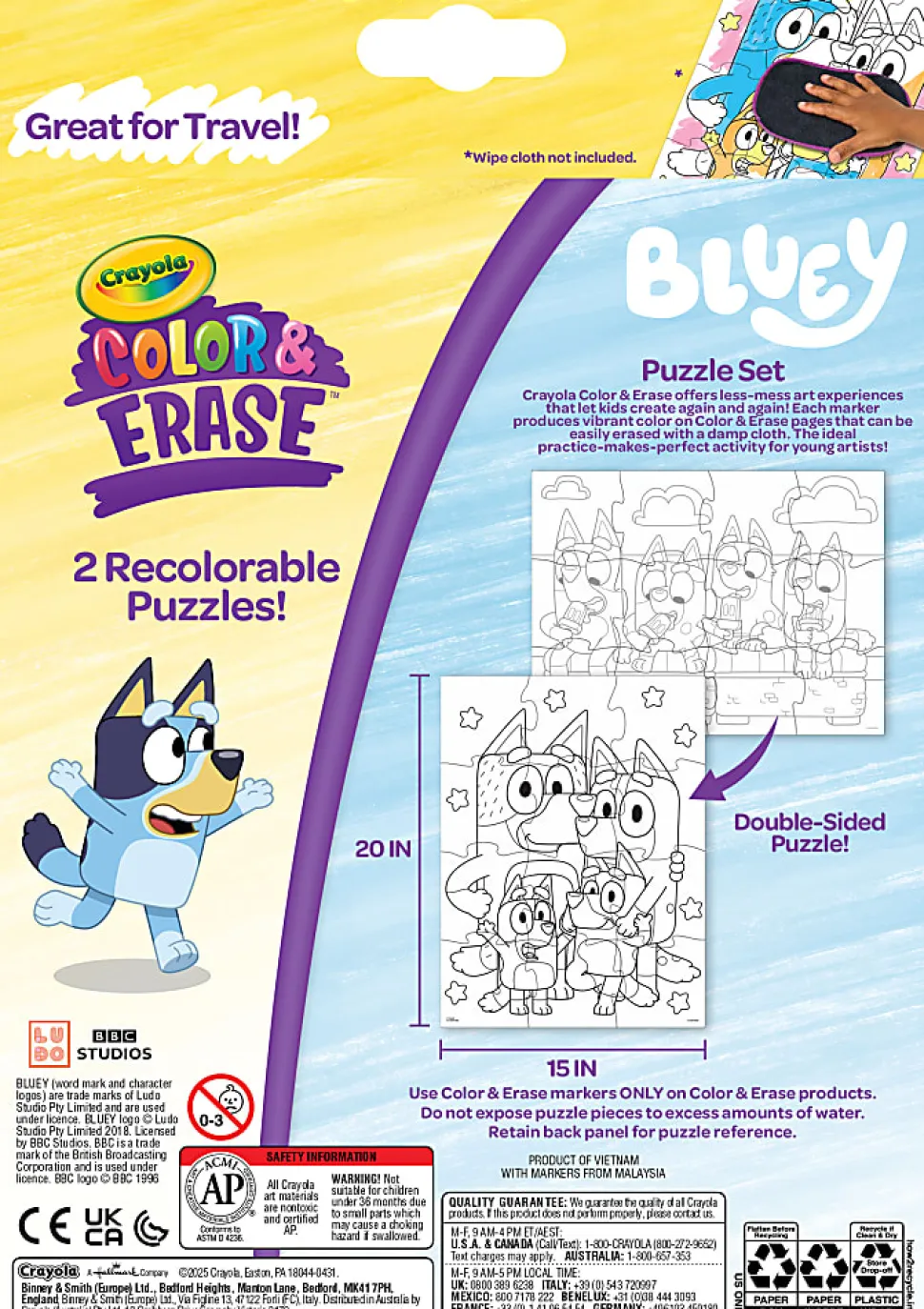 Crayola Color & Erase Bluey Puzzle Set, 12 Color In Puzzle Pieces, Reusable, Double Sided Kids Puzzle, Bluey Gift for Kids, 3+