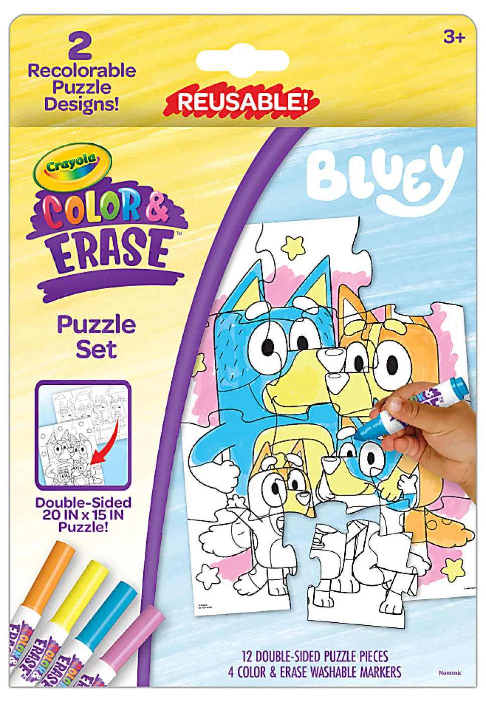 Crayola Color & Erase Bluey Puzzle Set, 12 Color In Puzzle Pieces, Reusable, Double Sided Kids Puzzle, Bluey Gift for Kids, 3+