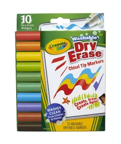 Crayola Dura-Wedge Tip Dry-Erase Washable Markers, Chisel Tip, Assorted Ink Colors, Pack Of 10 Markers